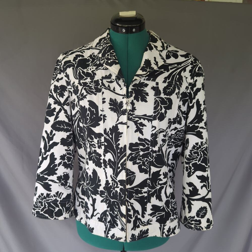 Peck & Peck Weekend Black White Botanical Zip Jacket Size8 Cotton Classic